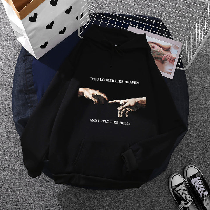 Damen Oversize Kapuzenpullover mit Kängurutasche und Renaissance‑Handmotiv, weiches Fleece Innenfutter – Auréline