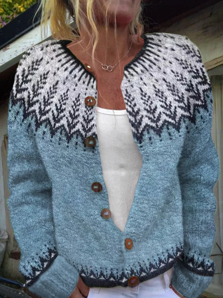 Damen nan gemusterte Strickjacke mit Rundpasse, Holzknöpfen und Eingrifftaschen Echo Archiv