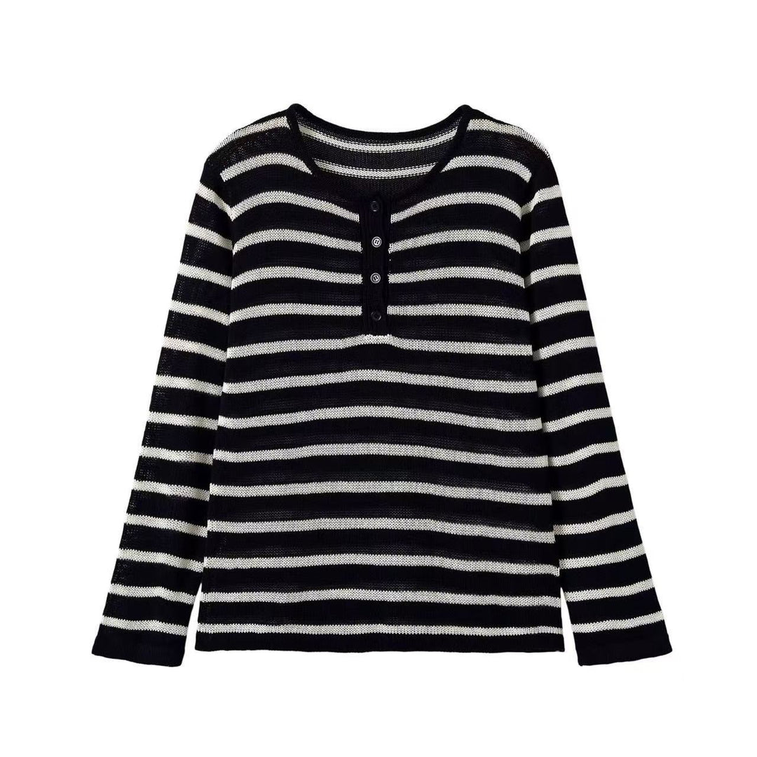 Damen Gestreifter Feinstrick-Pullover mit Knopfleiste und Rundhalsausschnitt Echoarchiv