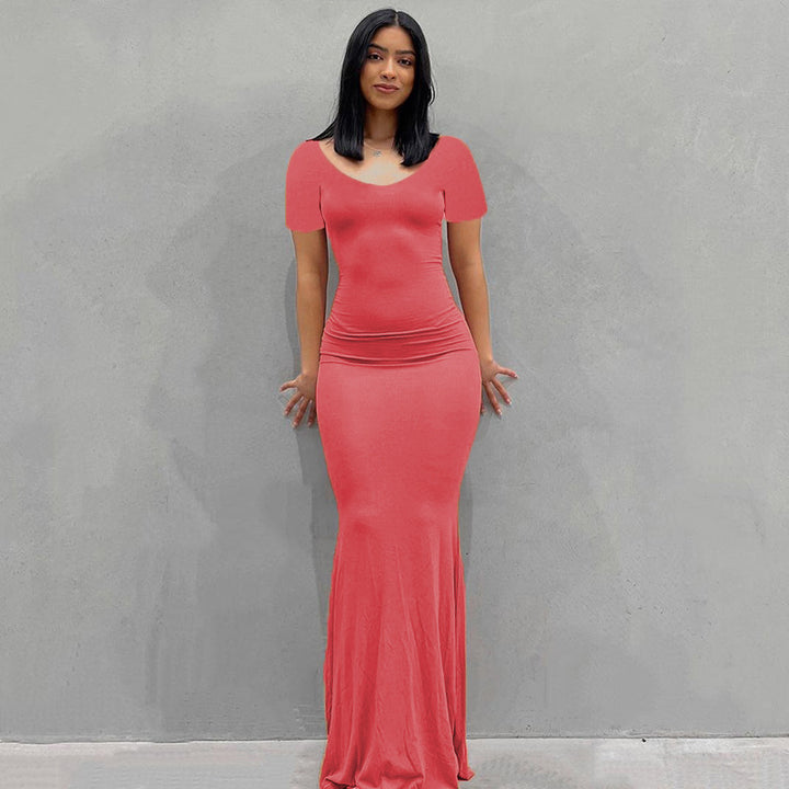Damen Körperbetontes Maxi‑Jerseykleid mit taillierter Drapierung, langen Ärmeln und ausgestelltem Saum – Valéora