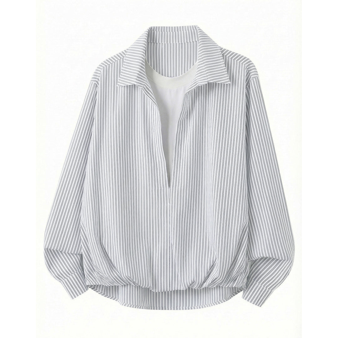 Damen Weites gestreiftes Hemdblusen-Shirt mit tiefem V-Ausschnitt und gerafftem Saum Echo Archiv