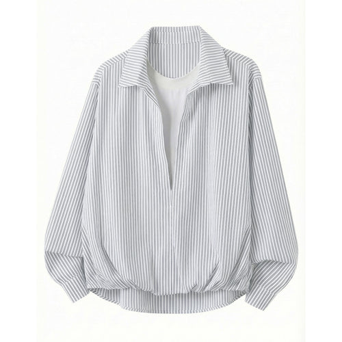 Damen Weites gestreiftes Hemdblusen-Shirt mit tiefem V-Ausschnitt und gerafftem Saum Echo Archiv