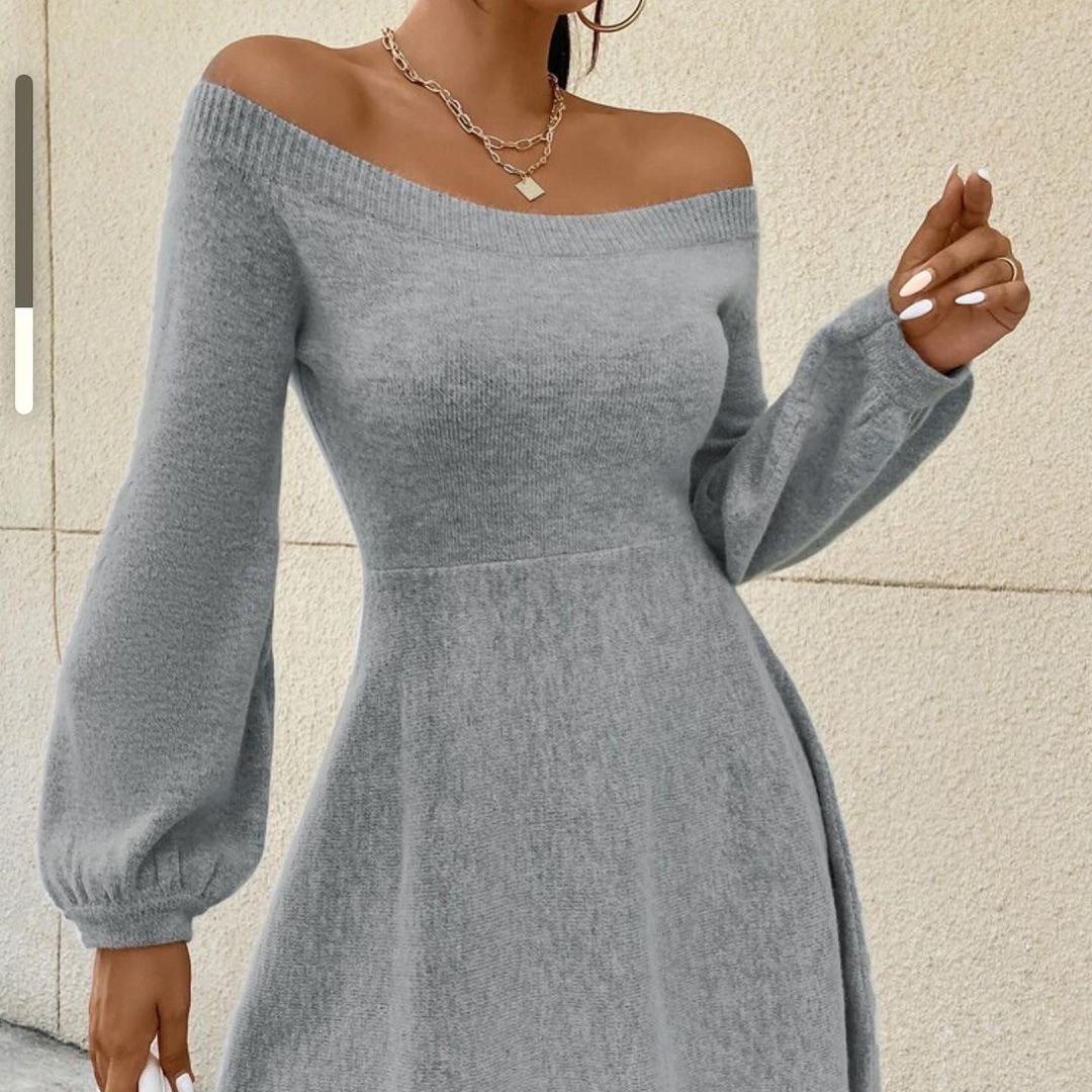 Damen Schulterfreies Feinstrick-Kleid mit taillierter Passform und Ballonärmeln Echoarchiv