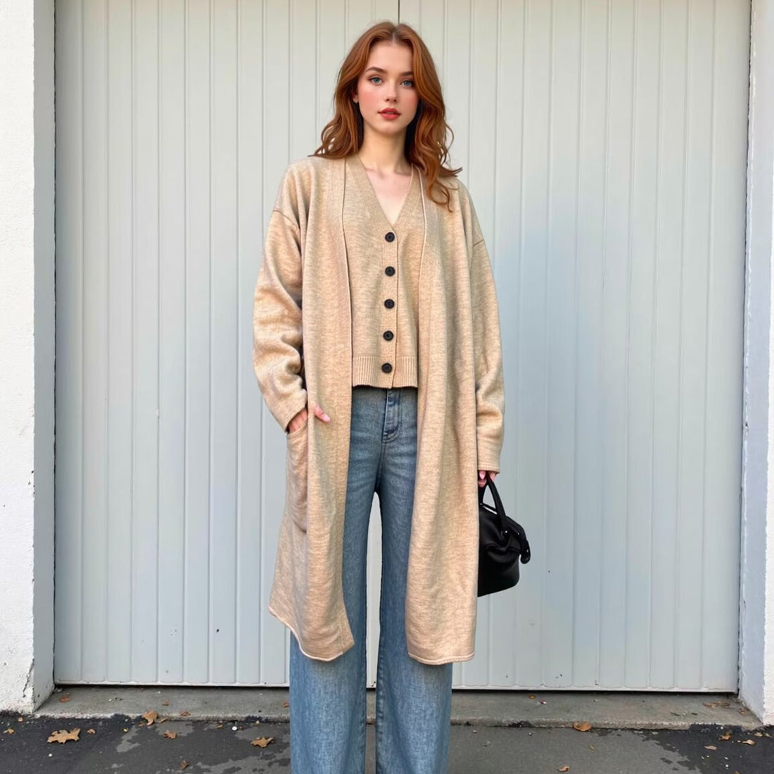 Damen Oversize Strick-Set mit Longcardigan, Knopf-Weste und weiten Hosen Echoarchiv