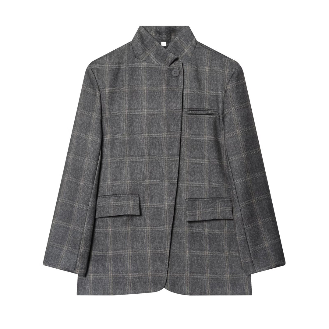 Damen Kastenförmiger Glencheck-Blazer mit Stehkragen und Pattentaschen Echo Archiv