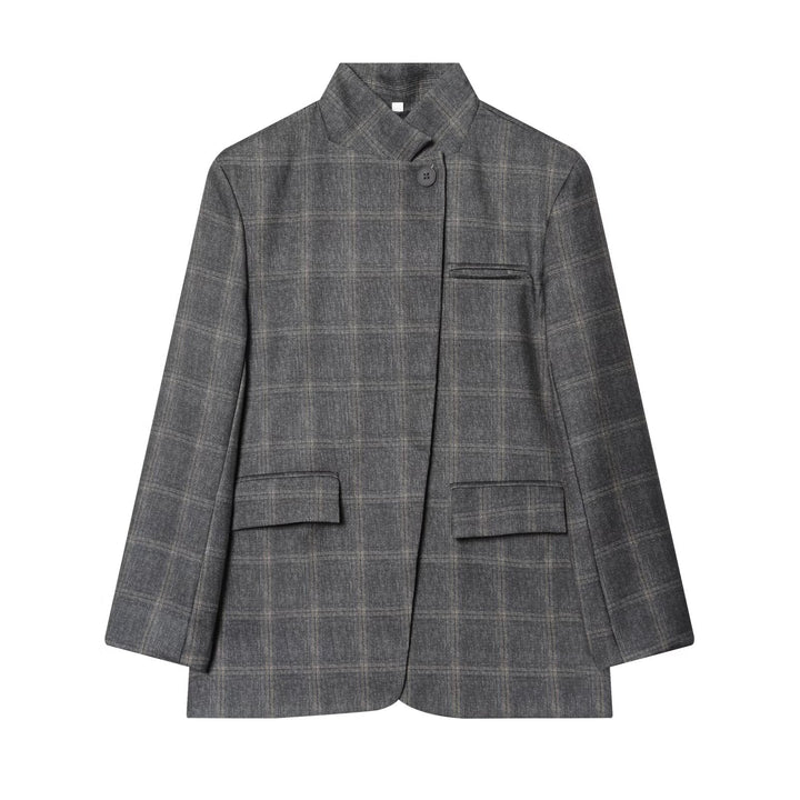 Damen Kastenförmiger Glencheck-Blazer mit Stehkragen und Pattentaschen Echo Archiv