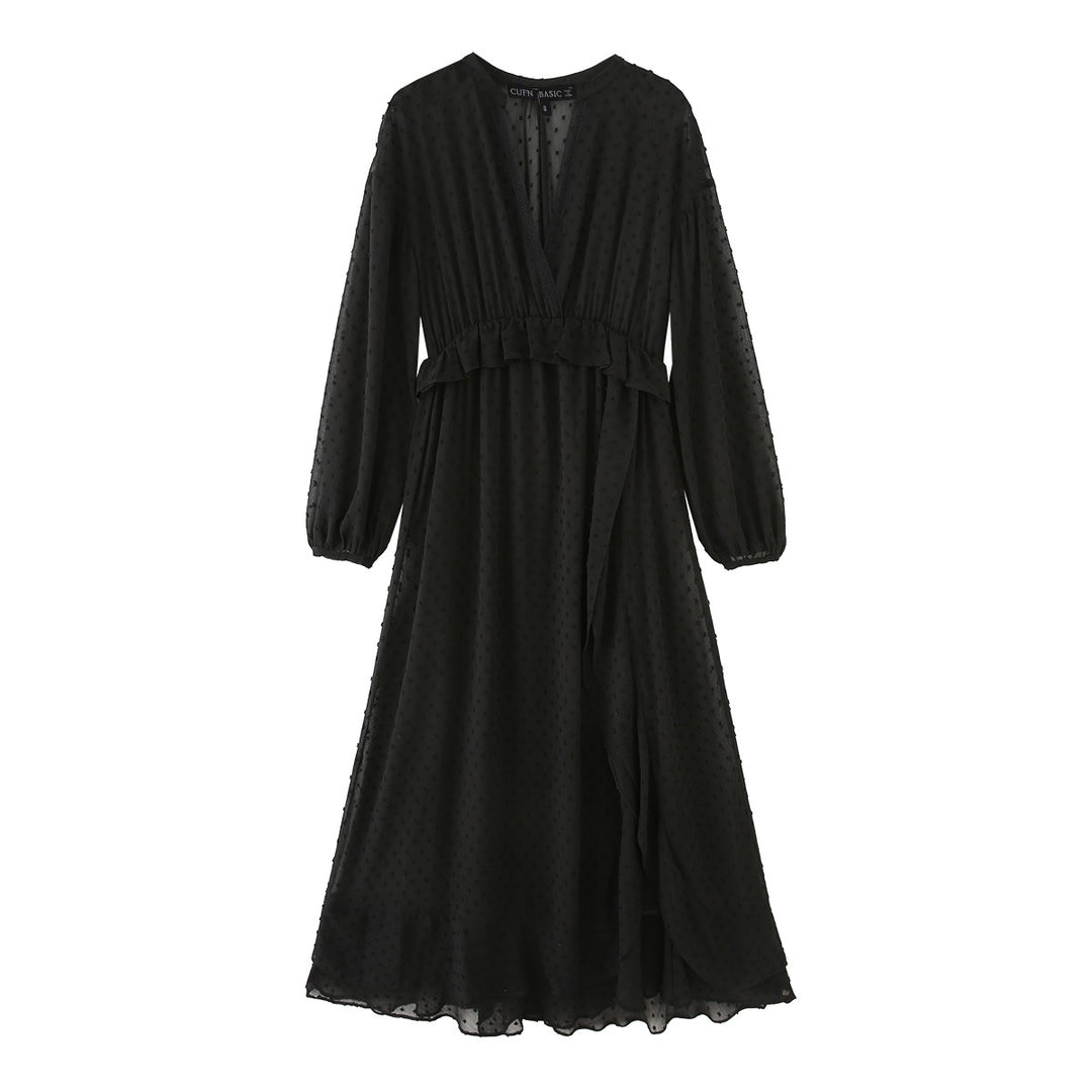 Damen nan luftiges Chiffon Midikleid mit V-Ausschnitt und Volantbund Echo Archiv