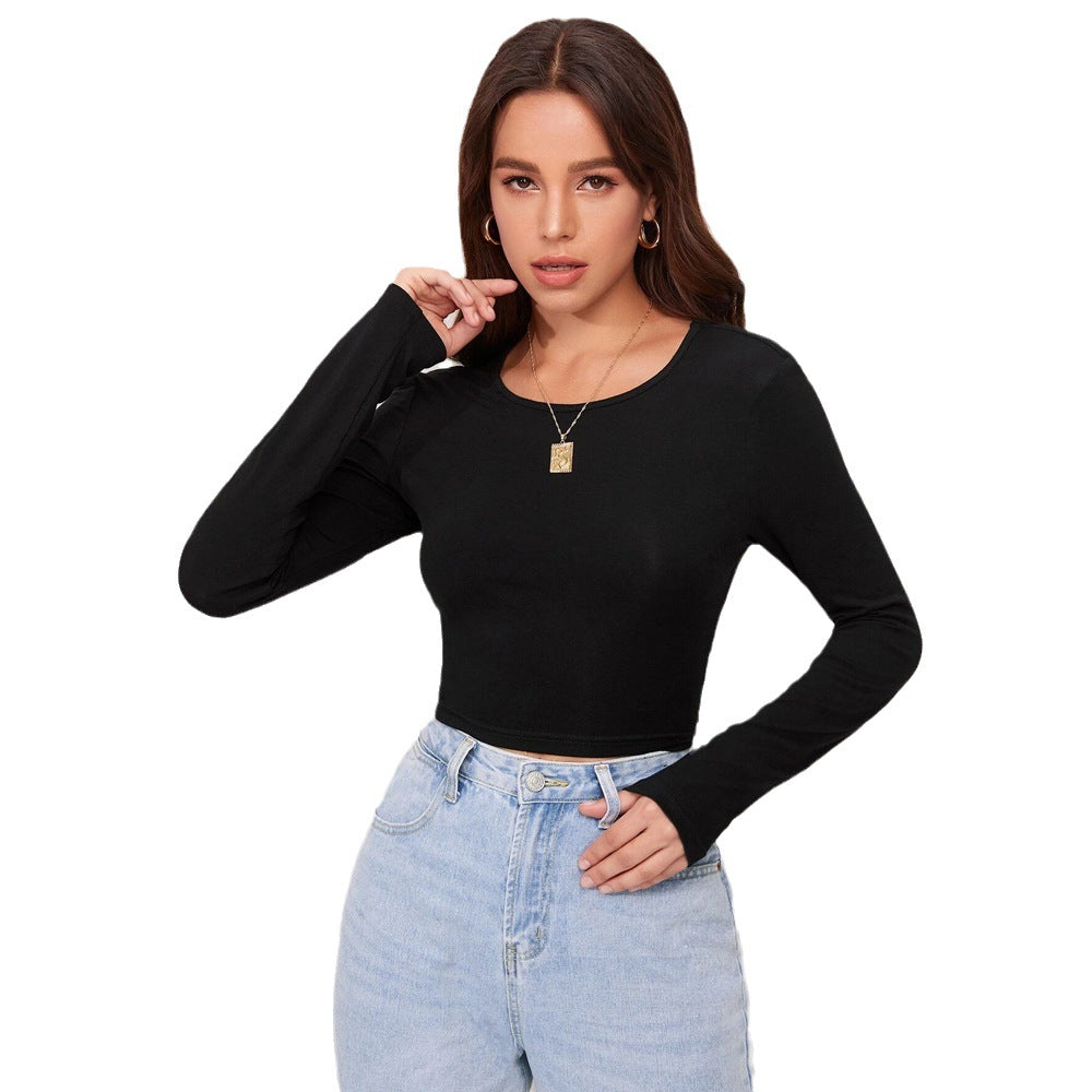 Damen figurbetontes Cropped-Longsleeve mit Sculpting-Passform und Rundhalsausschnitt – Avérine