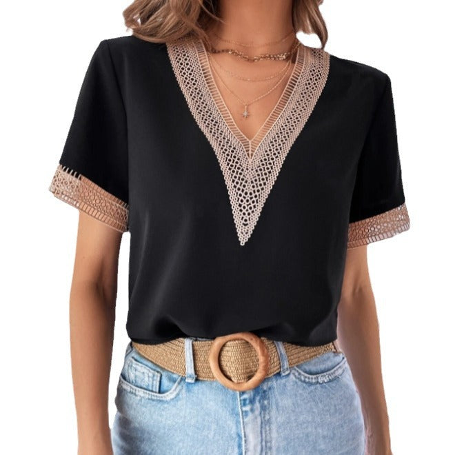 Damen Modische Bluse mit V-Ausschnitt und Spitzenbesatz Echo Archiv