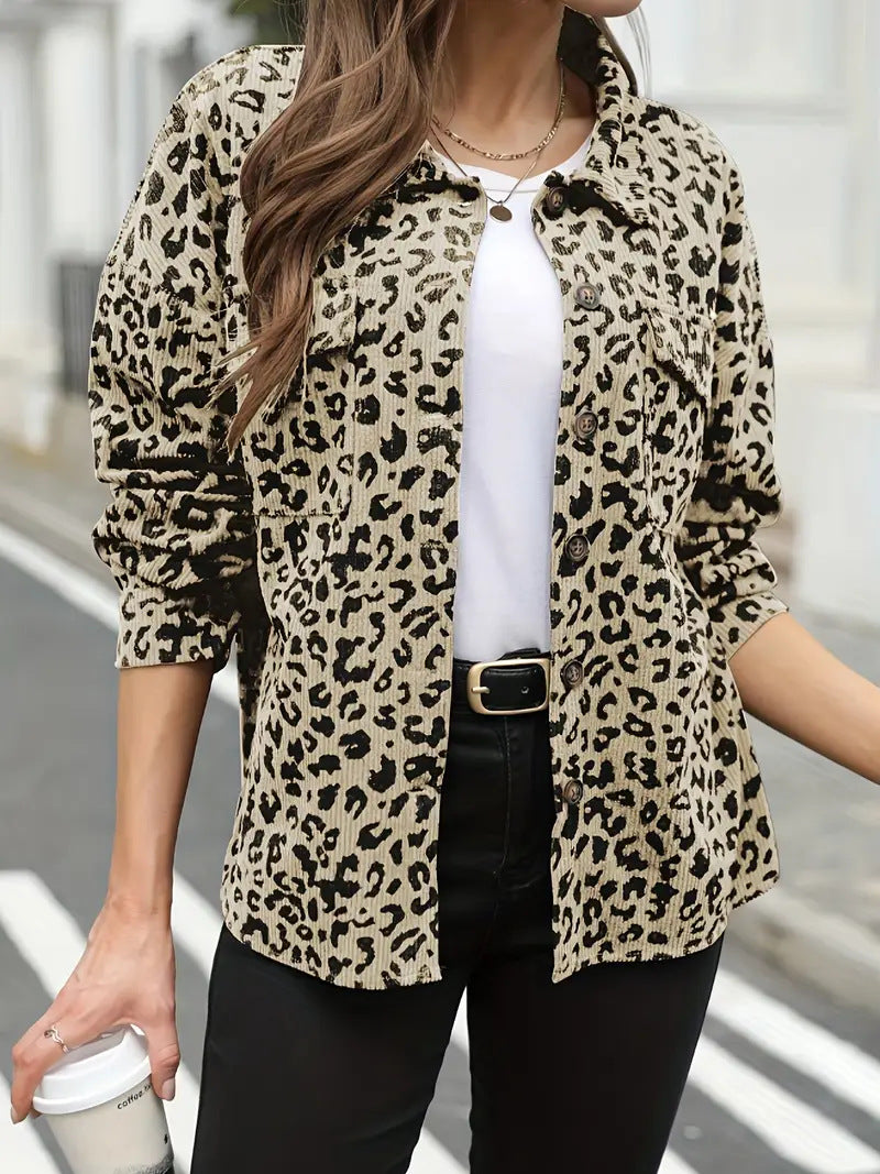 Damen Oversize Hemdjacke im Cord‑Look mit Leopardenprint Echo Archiv
