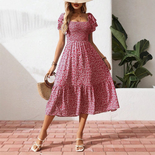 Damen Off-Shoulder Maxikleid mit floralen Mustern und elastischem Oberteil Echo Archiv