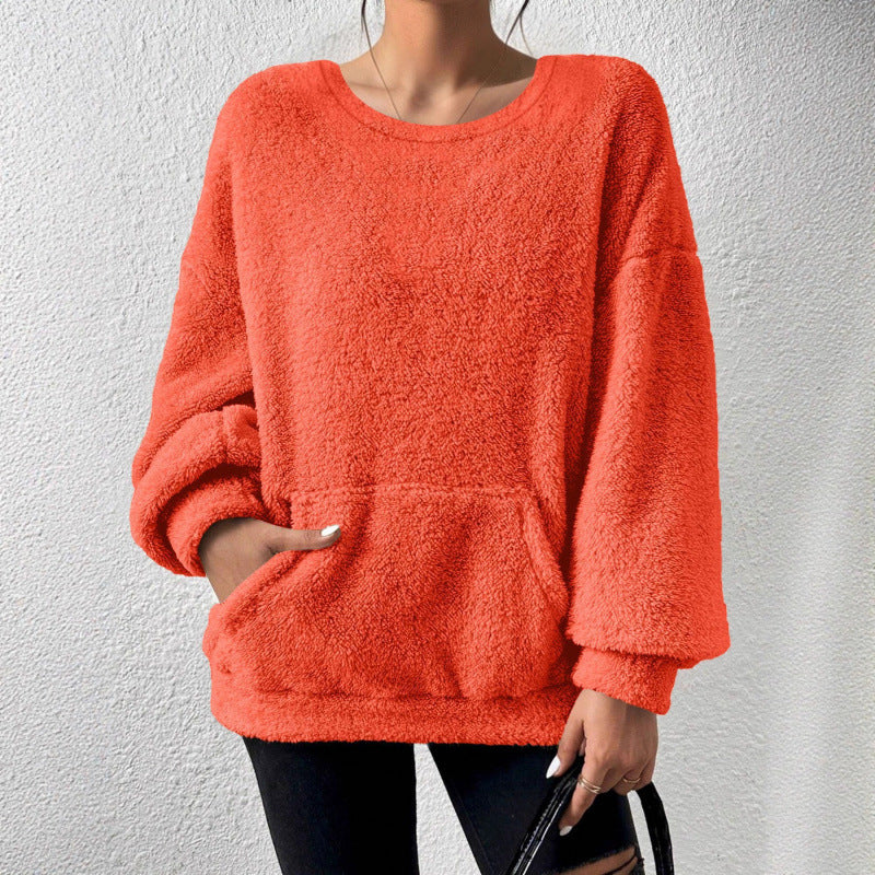 Damen Kuscheliger Oversize-Sherpa-Pullover mit Kängurutasche und Ballonärmeln Echo Archiv