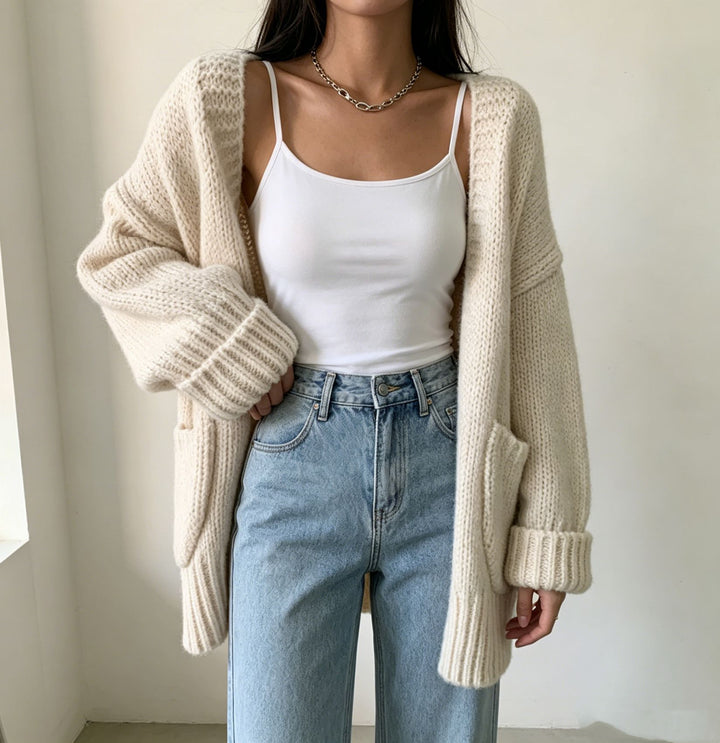 Damen Langer Offener Grobstrick-Cardigan mit aufgesetzten Taschen und gerippten Bündchen – Veloura