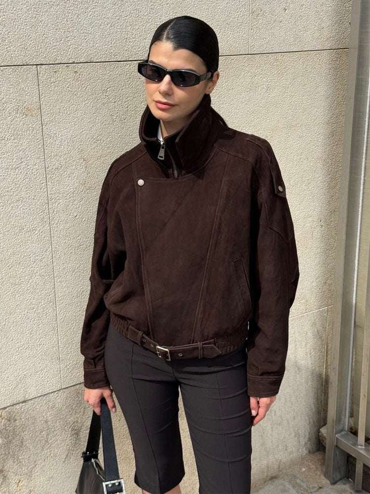 Damen Kurze Veloursleder-Bomberjacke mit hohem Stehkragen und Taillengürtel Echoarchiv