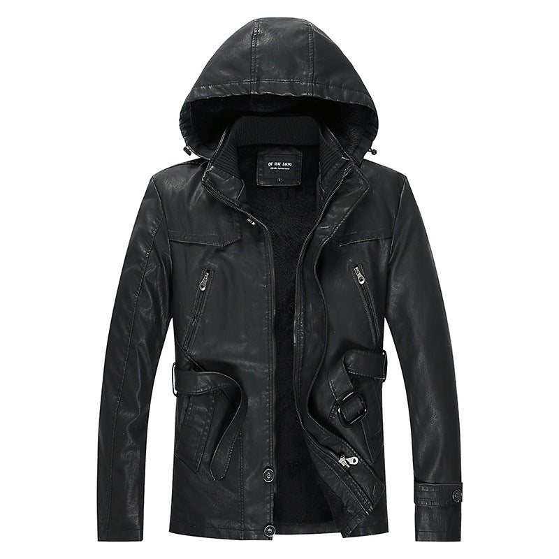 Herren Kunstlederjacke mit Kapuze, Teddyfutter und Gürtelschnalle – Valtoré