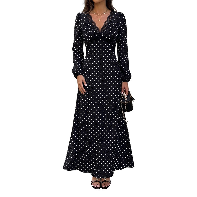 Damen Polka‑Dot Maxikleid mit Spitzen‑V-Ausschnitt, Empire‑Taillenlinie und langem Fließrock Echoarchiv