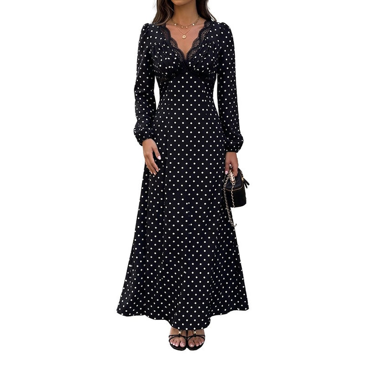 Damen Polka‑Dot Maxikleid mit Spitzen‑V-Ausschnitt, Empire‑Taillenlinie und langem Fließrock Echoarchiv