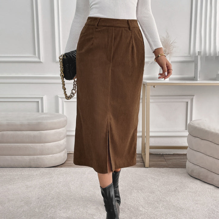 Damen Cord-Midirock mit hohem Bund, Eingrifftaschen und mittigem Schlitz Echoarchiv