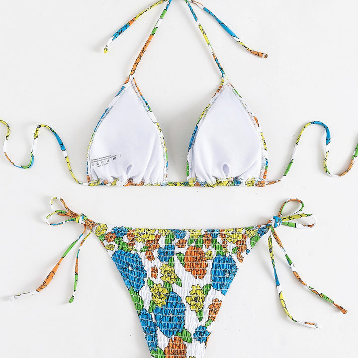 Damen Triangel-Bikini mit buntem Floral-Muster und elastischen Bindebändern Echo Archiv