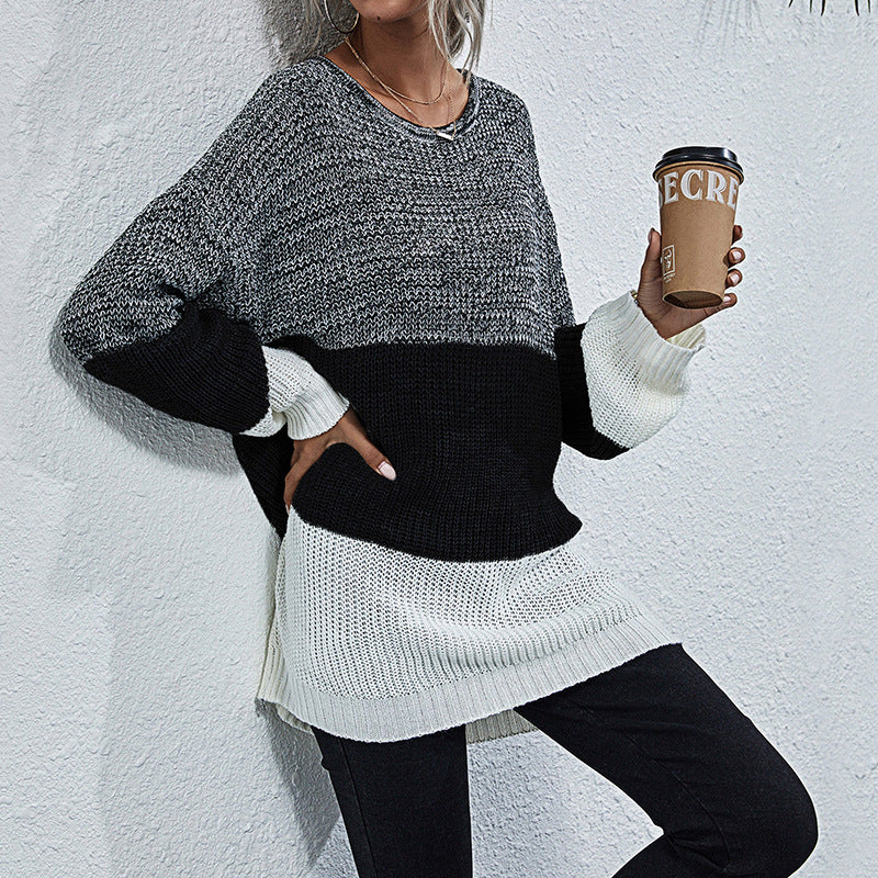 Damen Oversize Strickpullover mit Colorblock‑Einsätzen, Rundhals und Tunika‑Silhouette Echoarchiv