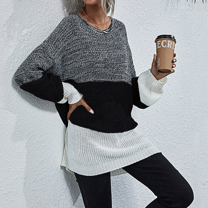 Damen Oversize Strickpullover mit Colorblock‑Einsätzen, Rundhals und Tunika‑Silhouette Echoarchiv