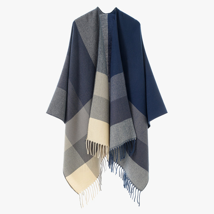 Damen Farbblock-Poncho aus Wollmix mit Fransensaum und asymmetrischem Schnitt – Avérine