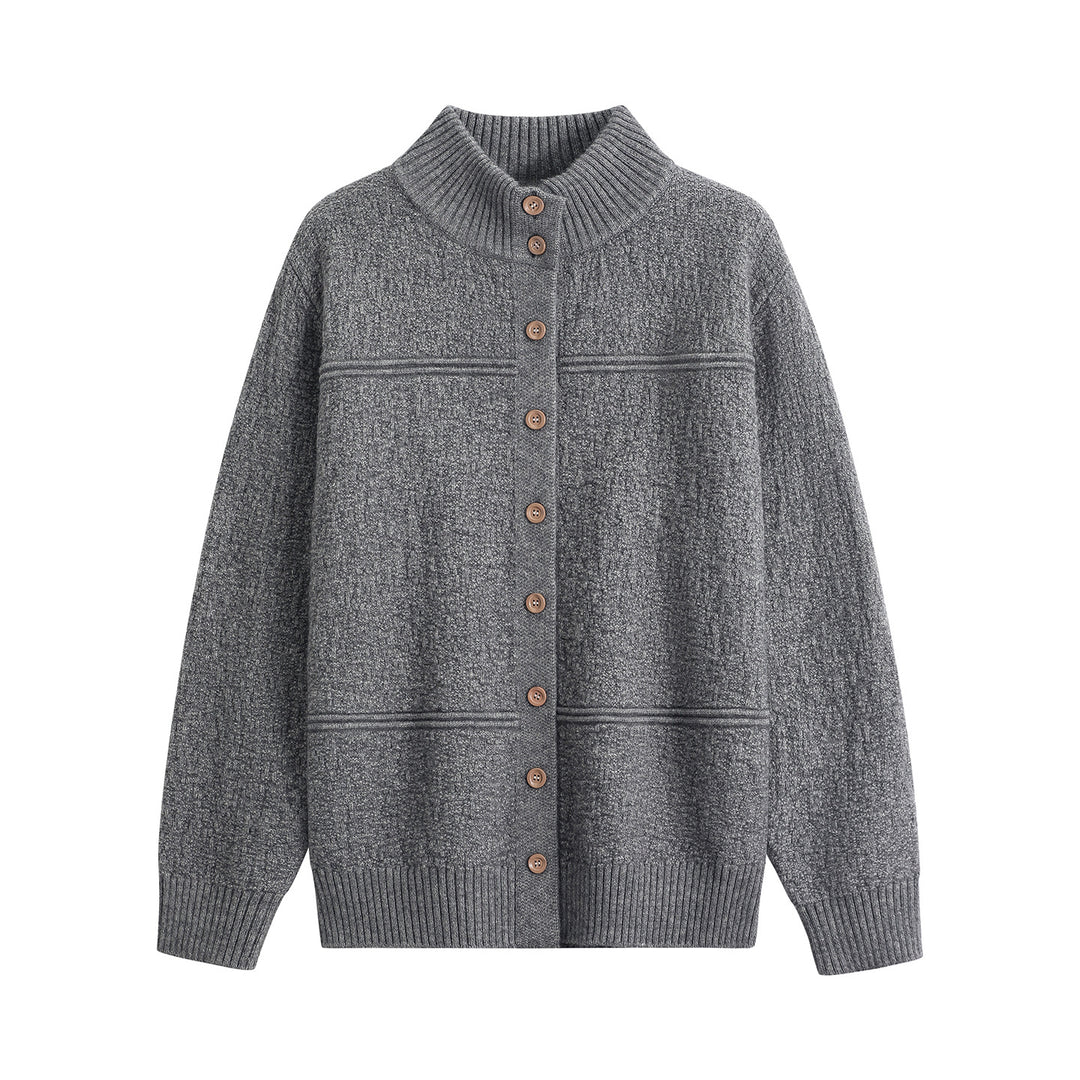 Damen Langer Oversize-Wollmix-Cardigan mit hohem Rippenkragen und Vintage-Knöpfen Echoarchiv