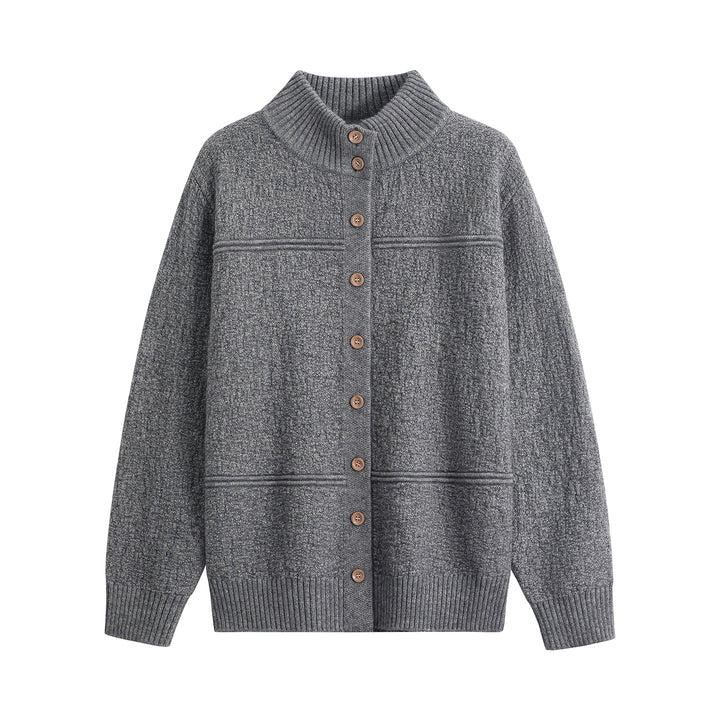 Damen Langer Oversize-Wollmix-Cardigan mit hohem Rippenkragen und Vintage-Knöpfen Echoarchiv
