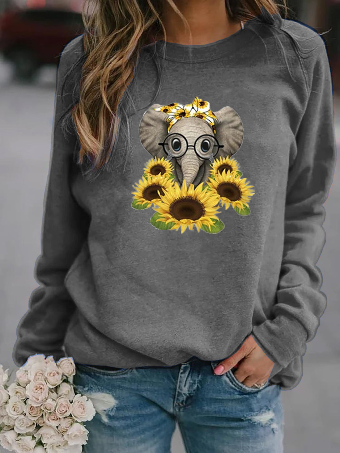 Damen-Sweatshirt mit Elefantenprint, Sonnenblumenmotiv und weichem Fleece – Mavelle
