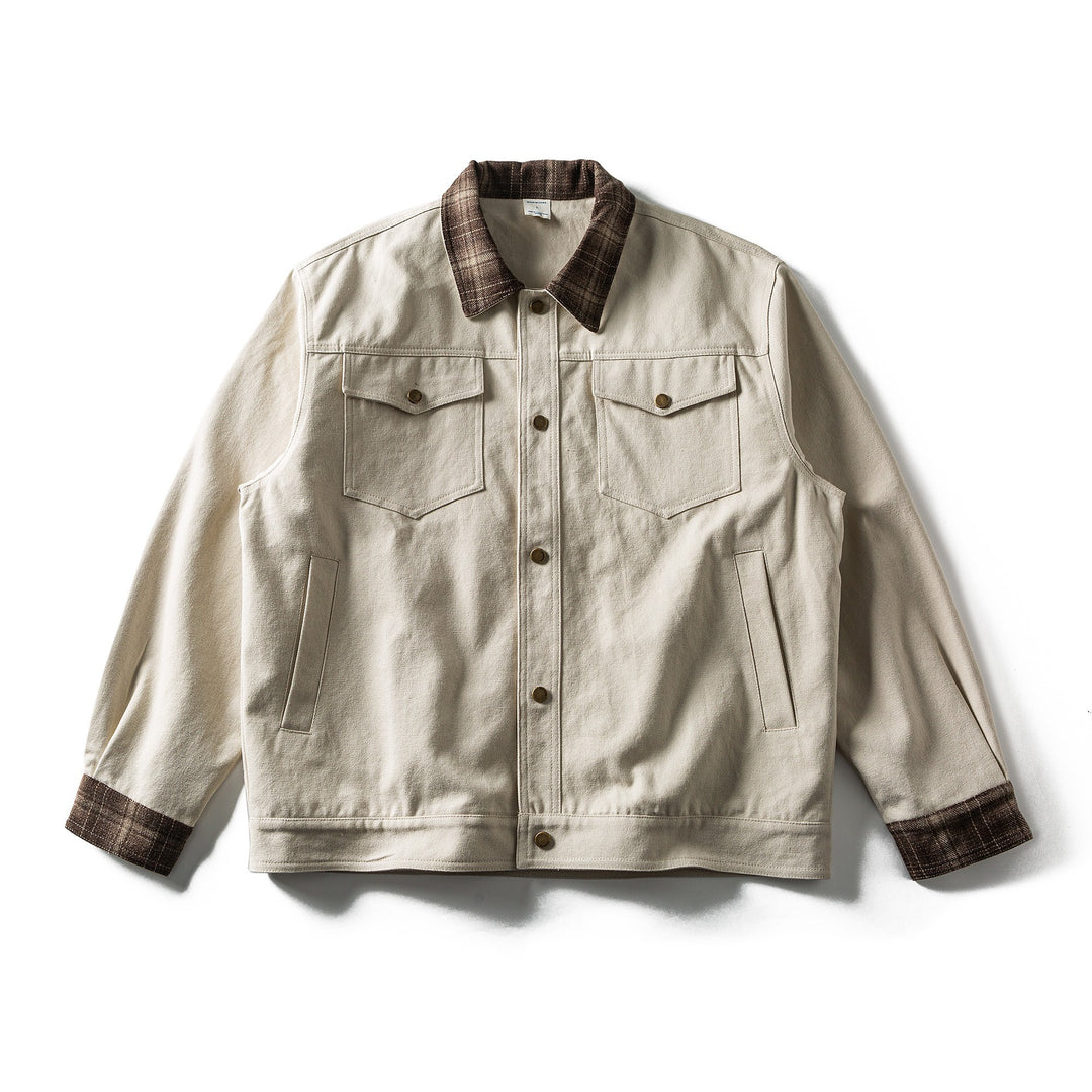 Herren Kurz geschnittener Canvas‑Blouson mit kariertem Kragen und Druckknopf‑Brusttaschen Echoarchiv