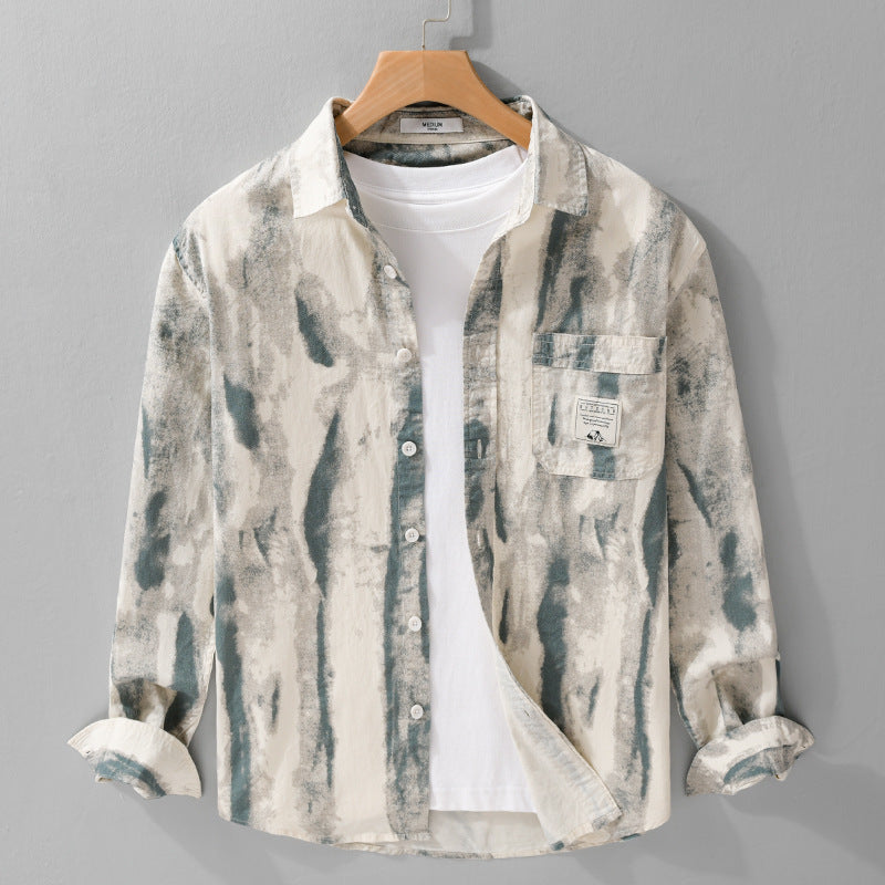 Herren Lockeres Hemdjacken-Overshirt aus Leinen-Baumwollmix mit abstraktem Brush‑Print und Kentkragen Echoarchiv