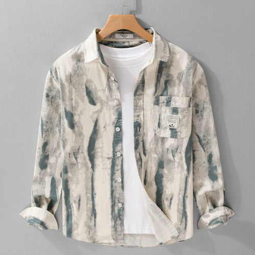 Herren Lockeres Hemdjacken-Overshirt aus Leinen-Baumwollmix mit abstraktem Brush‑Print und Kentkragen Echoarchiv