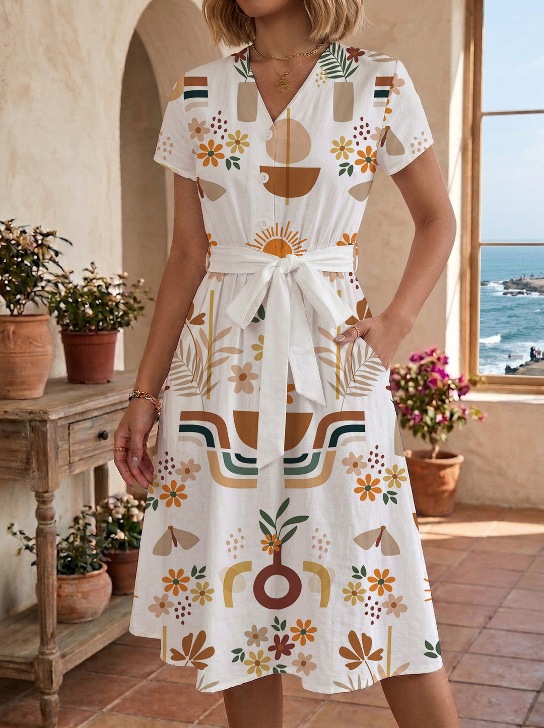 Damen Midikleid mit farbenfrohem Blumendesign und taillierbarem Bindegürtel Echo Archiv