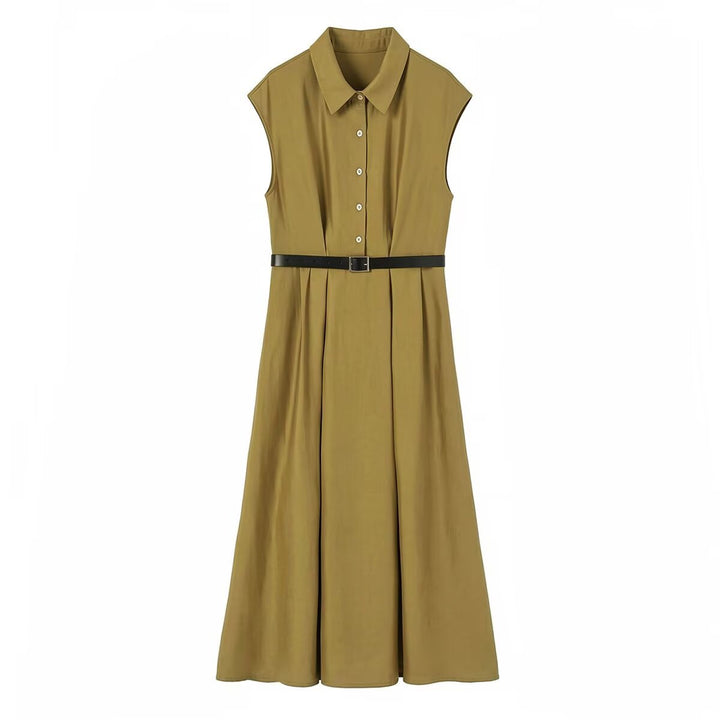 Damen Ärmelloses Hemdblusenkleid mit Taillenfalten und Gürtel Echoarchiv