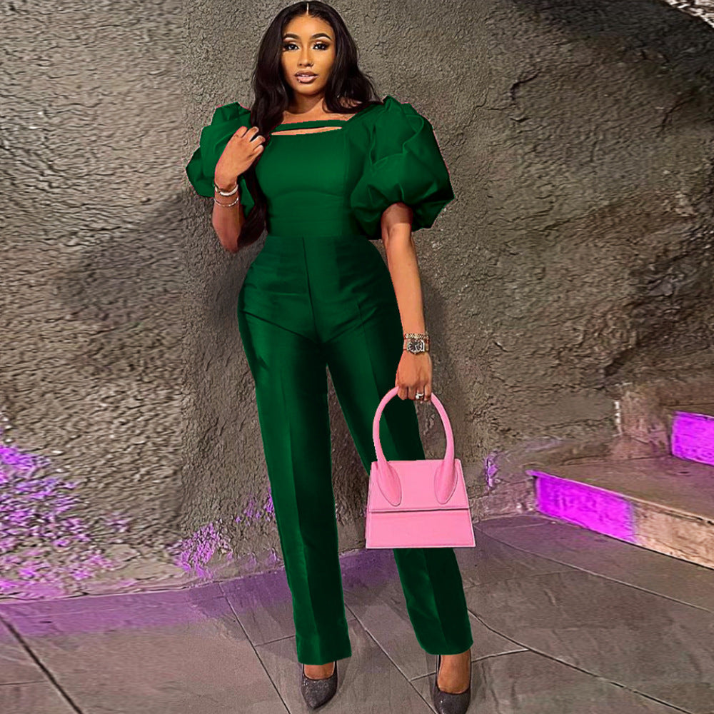 Damen eleganter Overall mit Puffärmeln und quadratischem Ausschnitt Echo Archiv