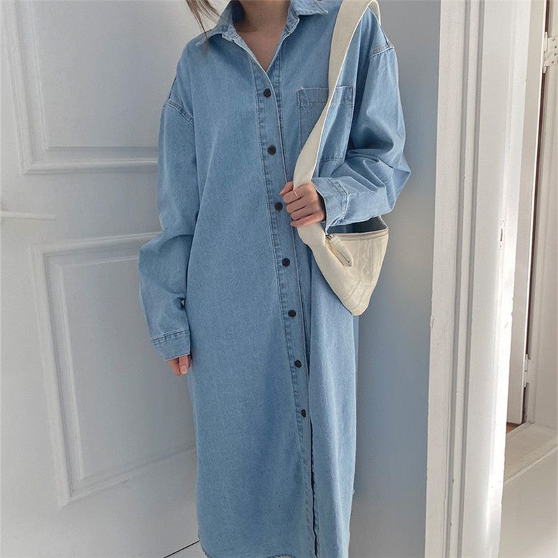 Damen Oversize-Denim-Maxikleid im Hemdstil mit Brusttasche und durchgehender Knopfleiste – Valéora
