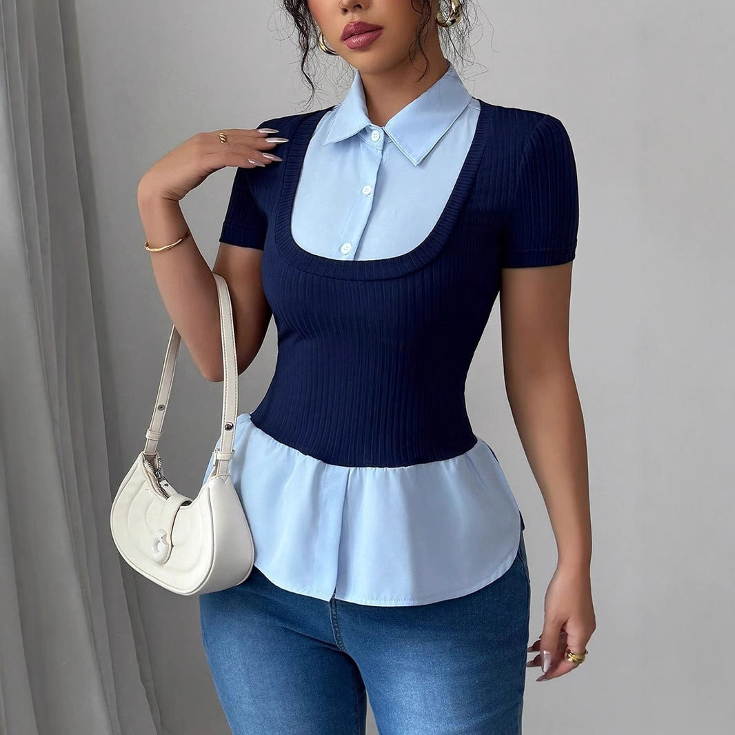 Damen Kurzärmeliges Layering-Top mit Fake-Hemdkragen und Rippstrickkörper – Avérine