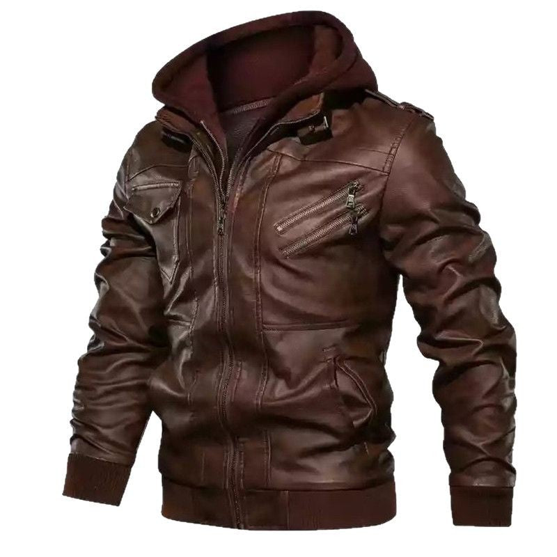 Herren modische Lederjacke mit abnehmbarer Kapuze Echoarchiv
