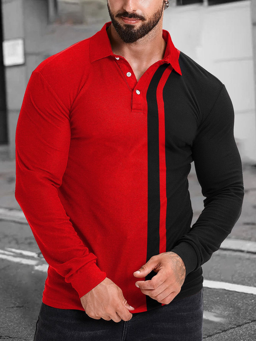 Herren Langarm-Polohemd mit modernem Farbblockdesign Echoarchiv