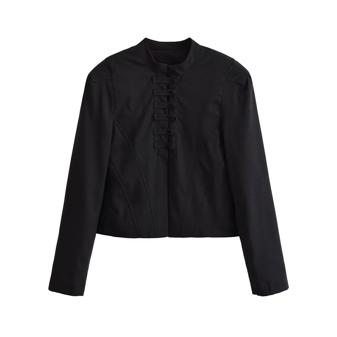 Damen kurz taillierte Jacke mit Stehkragen und dekorativer Schlaufenleiste Echo Archiv