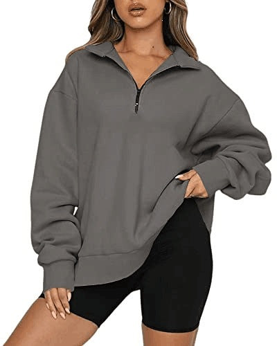 Damen oversized Sweatshirt mit halbem Reißverschluss, weichem Fleece-Innenfutter und Kängurutasche – Avérine
