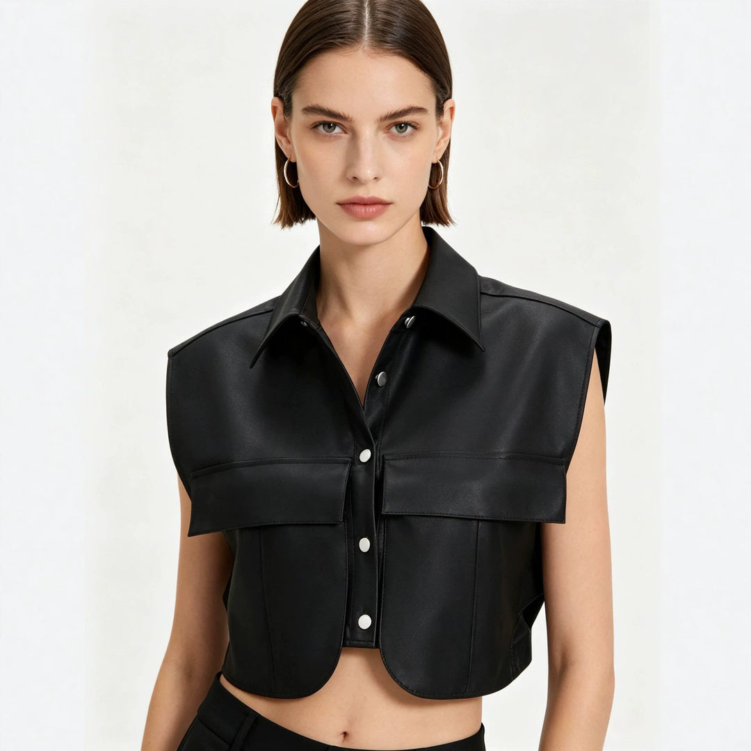 Damen Kurze ärmellose Kunstleder-Weste mit Oversize-Schultern Echoarchiv
