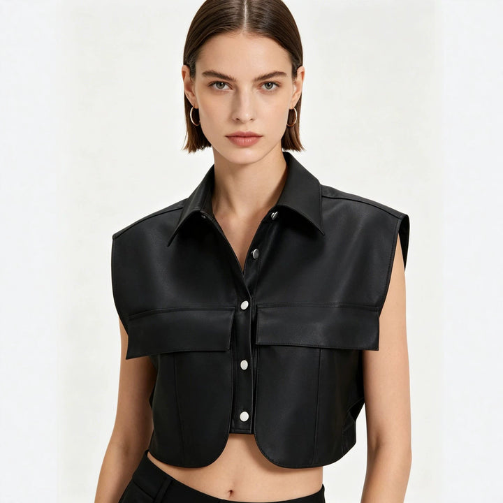 Damen Kurze ärmellose Kunstleder-Weste mit Oversize-Schultern Echoarchiv