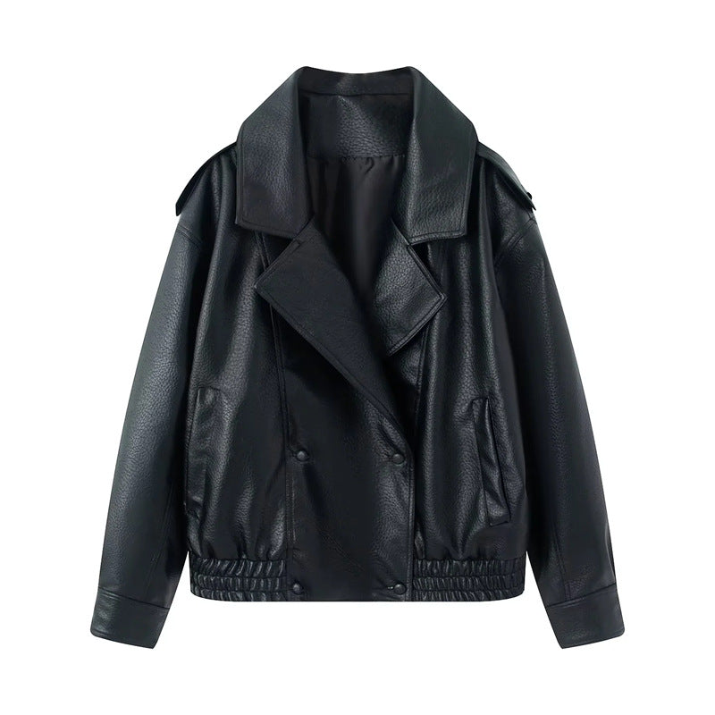 Damen kurzer Oversize Kunstleder-Blouson mit Schalkragen, Druckknopf-Doppelreihe und elastischem Saum – Célinea