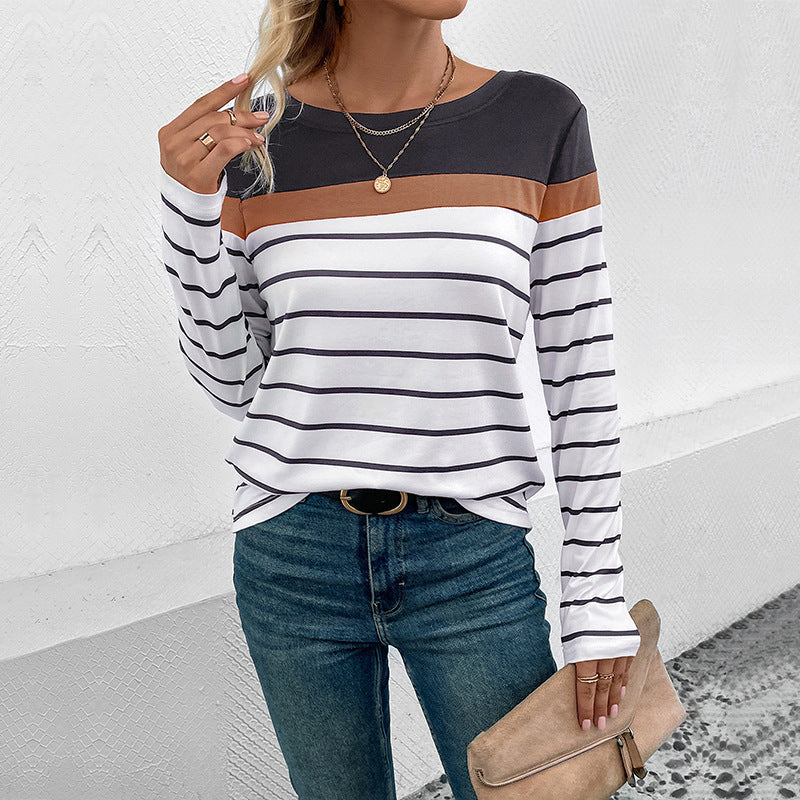 Damen Langarm-Shirt mit Streifenmuster, kontrastierender Passe und legerer Silhouette – Orélia