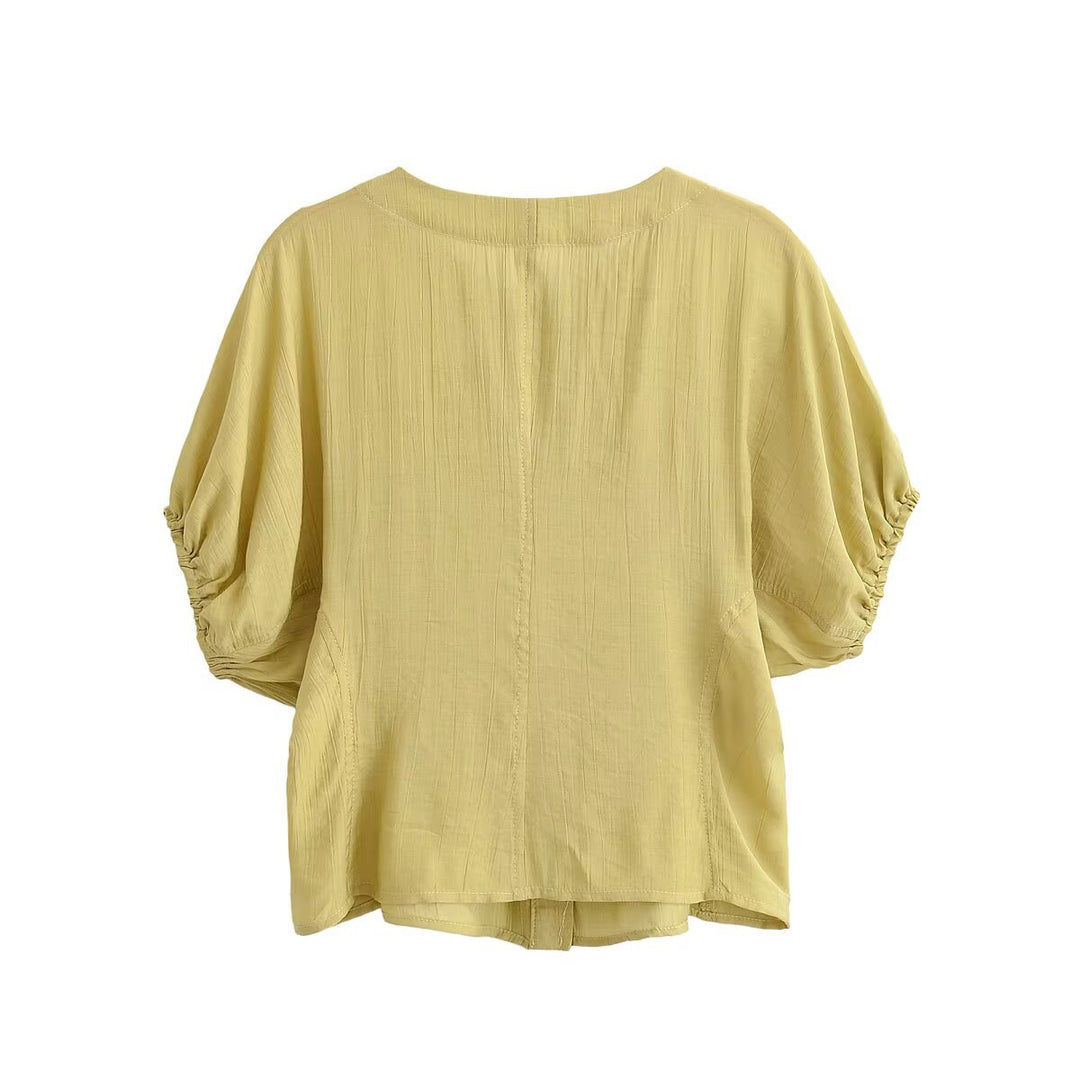 Damen Leichtes Crinkle-Blusen-Shirt mit Knopfleiste und gerafften Ballonärmeln Echo Archiv