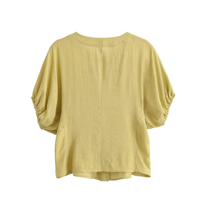 Damen Leichtes Crinkle-Blusen-Shirt mit Knopfleiste und gerafften Ballonärmeln Echo Archiv