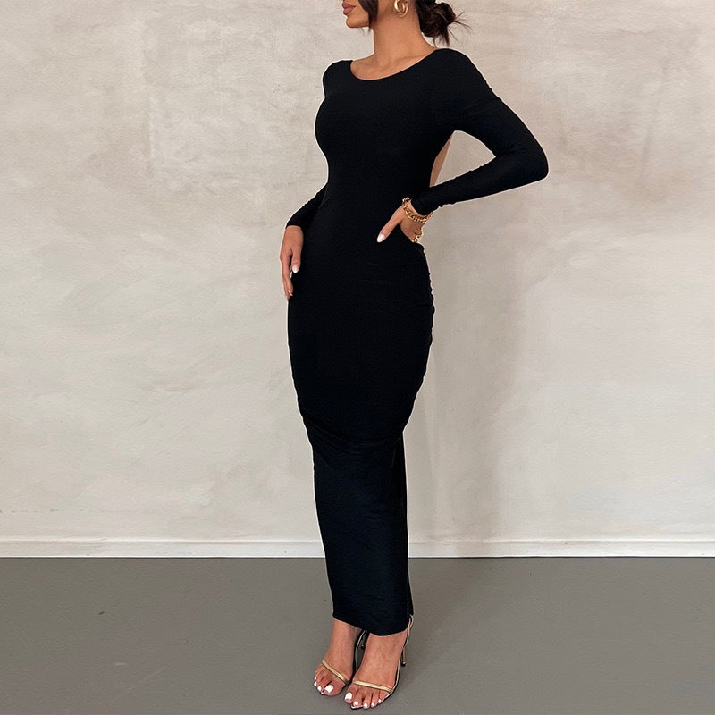 Damen Elegantes figurbetontes Maxikleid mit langen Ärmeln und Rundhalsausschnitt Echo Archiv