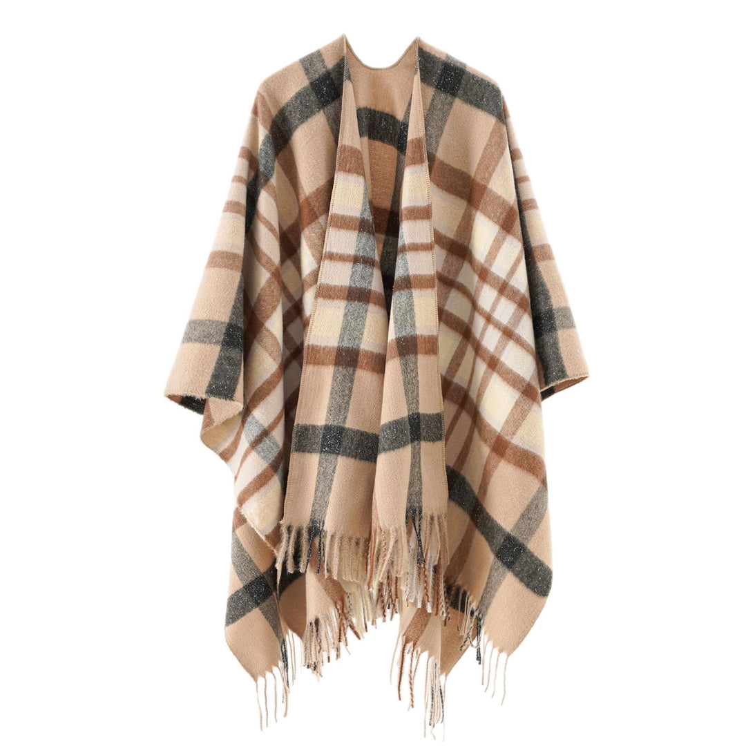 Damen Oversize karierter Wollponcho mit Fransen – Avérine