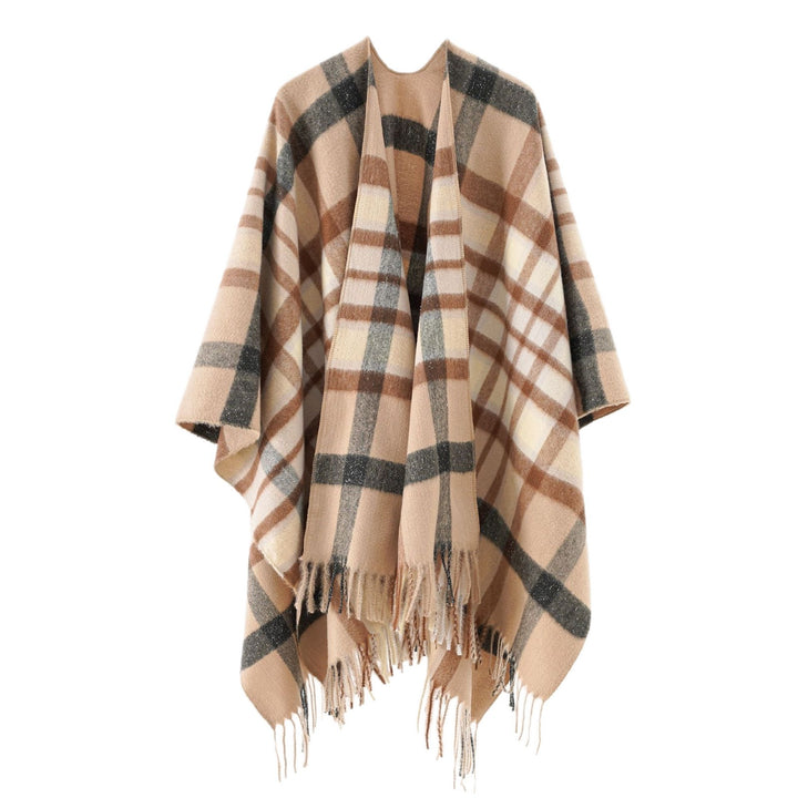 Damen Oversize karierter Wollponcho mit Fransen – Avérine